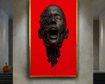 Dark Surreal Scream Wall Art, Abstract Black Sculpture Head with Flowers on Red Background, Gothic Emotional Canvas Art Print
