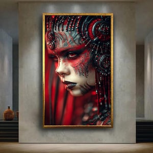 Dark Cyberpunk Warrior Woman Wall Art Print, Futuristic Red Black Tattooed Sci Fi Portrait, Digital Fantasy Decor Illustration