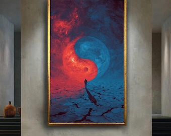 Yin Yang Cosmic Canvas Wall Art Print, Red and Blue Spiritual Energy Poster, Surreal Universe Illustration, Balance Symbol Decor