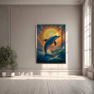 Impresión artística digital de un alegre delfín saltando en el océano bajo una brillante luna llena, póster de fantasía marina, decoración de pared costera para guardería de playa.