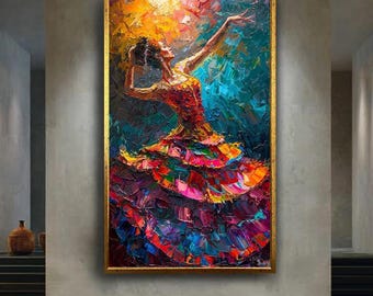 Colorful Flamenco Dancer Canvas Wall Art, Vibrant Abstract Palette Knife Print Style Artwork for Modern and Artistic Home Decor