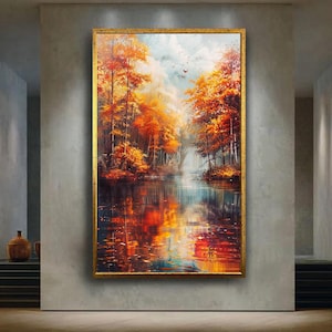 Herbst Wald See Leinwand Wand Kunst Druck Herbst Bäume und Reflexionen, friedliche Natur Landschaft Kunstwerk für ein gemütliches saisonales Wohndekor