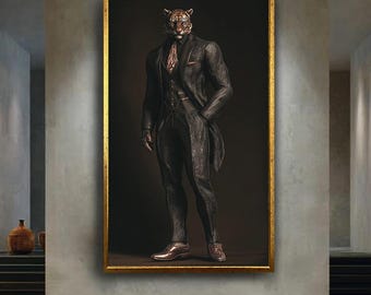Tiger Gentleman Canvas Wall Art – Majestic Animal Portrait in Luxury Patterned Suit – Anthropomorphic Regal Print for Bold Home Decor