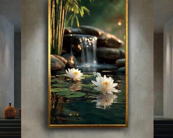 White Lotus Pond Canvas Wall Art with Bamboo and Waterfall – Tranquil Zen Nature Print for Meditation, Yoga or Spa Room Decor