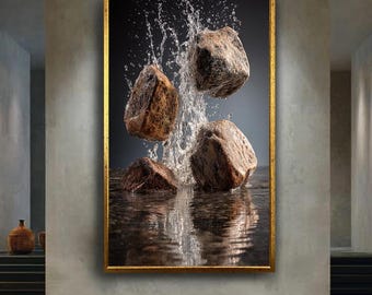 Dynamic Stone Splash Canvas Wall Art – Natural Rock and Water Impact Photography Print for Modern Home or Spa Decor