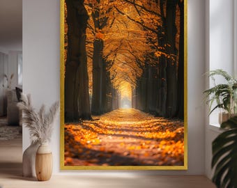 Golden Autumn Forest Path Canvas Wall Art – Tranquil Fall Trees Landscape Print for Rustic, Nature-Inspired Home Decor
