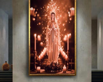 Virgin Mary with Rosary Canvas Wall Art, Sacred Christian Prayer Print, Holy Spiritual Artwork with Candles for Faith Inspired Home Decor