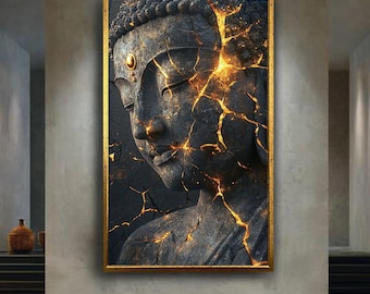 Golden cracked Buddha canvas wall art, kintsugi inspired spiritual statue print, zen meditation decor for healing room or sacred space