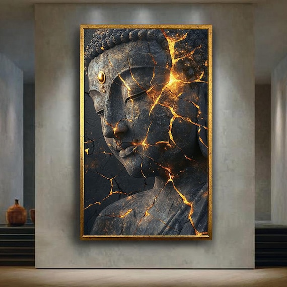 Golden Cracked Buddha Canvas Wall Art, Kintsugi Inspired Spiritual