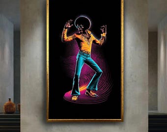 Retro Disco Dancer Canvas Wall Art – 70s Afro Style Man in Colorful Outfit with Neon Lights for Funky Vintage Home Decor