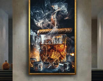 Whiskey and Cigar Canvas Wall Art, Luxury Bar Lounge Print, Sophisticated Masculine Decor for Office, Man Cave or Modern Home