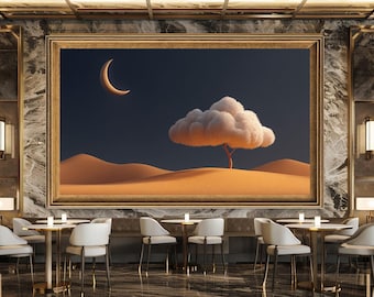 Surreal Desert Tree and Crescent Moon Canvas Wall Art Minimalist Fantasy Night Landscape Print for Bedroom Living Room Decor