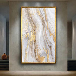 Abstract Marble Effect Canvas Wall Art with White Grey and Gold Fluid Painting, Modern Luxury Minimalist Home Decoration