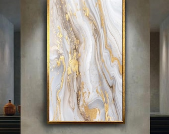 Abstract Marble Effect Canvas Wall Art with White Grey and Gold Fluid Painting, Modern Luxury Minimalist Home Decoration