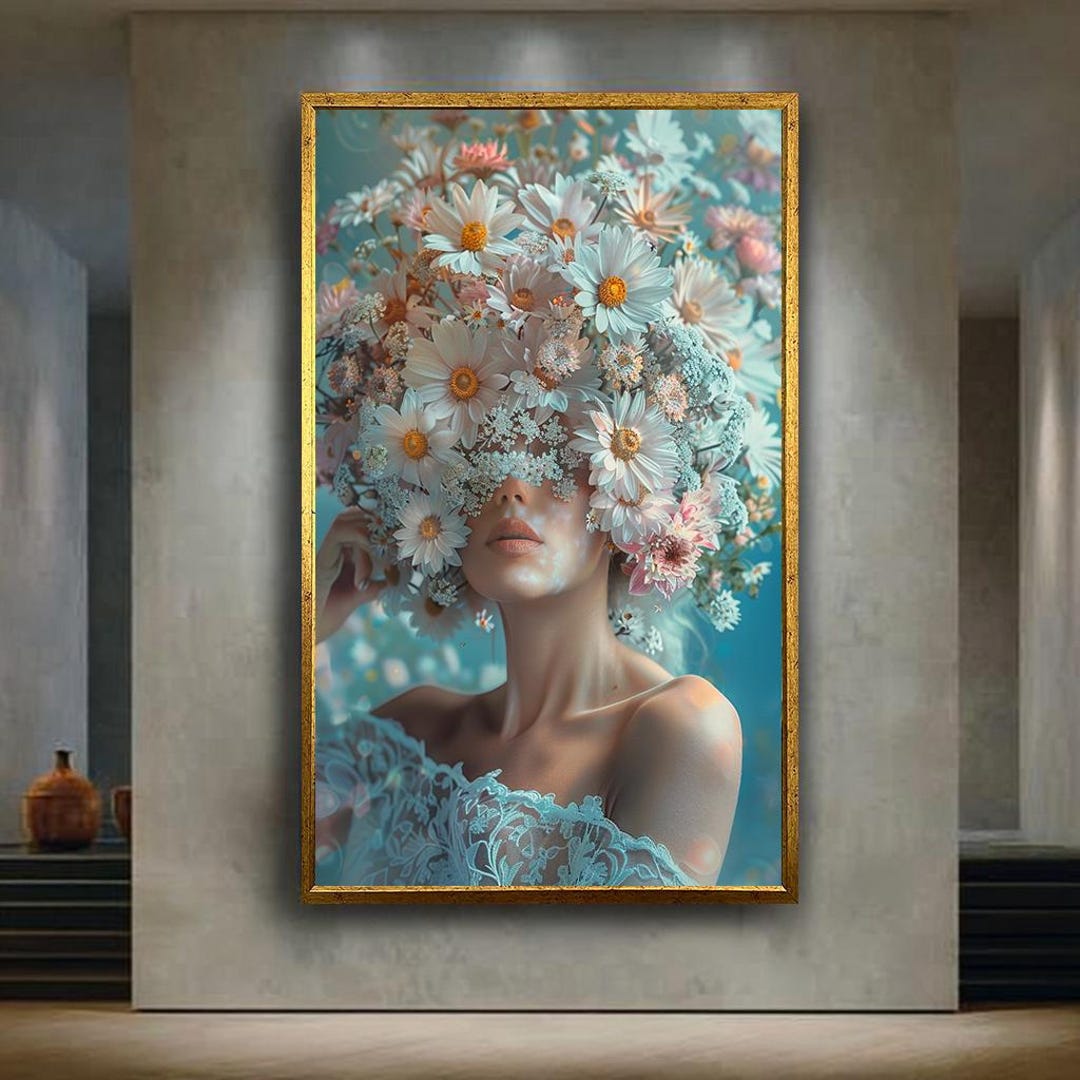 Daisy Floral Woman Portrait Canvas Wall Art, Botanical Flower Crown ...