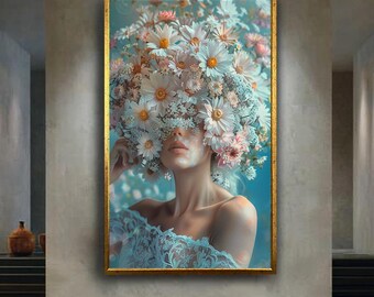 Daisy Floral Woman Portrait Canvas Wall Art, Botanical Flower Crown Artwork for Home Decor, Romantic Bohemian Gift for Art Lovers