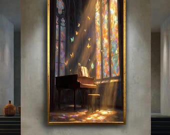 Enchanted Piano Canvas Wall Art – Fantasy Sunlit Cathedral with Butterflies – Magical Music Room Print for Dreamy Elegant Decor