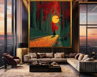 Fantasy Forest Canvas Wall Art Mysterious Cloaked Figure Walking Under Red Trees and Giant Sun Surreal Pathway Illustration Print