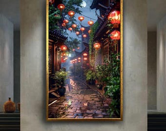 Traditional Asian Street Lantern Canvas Wall Art – Tranquil Night Alley Artwork for Zen Room, Home Office or Travel Inspired Decor