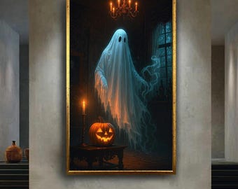 Haunted Ghost and Pumpkin Canvas Wall Art, Spooky Halloween Print, Gothic Haunted House Artwork for Seasonal Home Decor