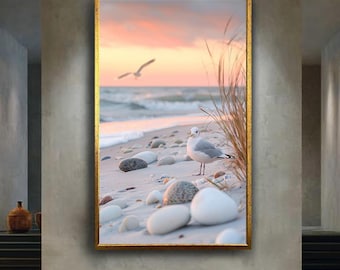 Seagull on Beach Wall Art with Sunset Sky and Ocean Waves Coastal Bird Photography Nautical Nature Print Seaside Home Decor