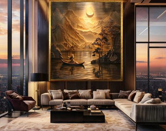 Golden Wood-Style Landscape Canvas Wall Art – Textured 3D Mountain Scene with River, Fisherman Boat and Glowing Sunlight Layers