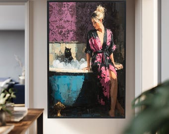 Moody Bathroom Wall Art with Woman in Pink Robe and Black Cat, Textured Bathtub Print for Glamorous Feminine Home Decor