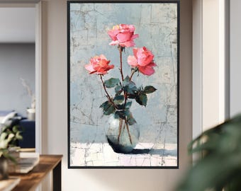 Romantic Pink Rose Wall Art Oil Painting Style Floral Vase Print Vintage Fine Art Botanical Home Decor Canvas Flower