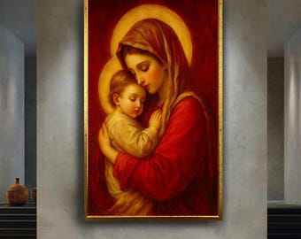 Virgin Mary and Child Canvas Wall Art, Sacred Christian Religious Icon Print, Catholic Home Decor Spiritual Artwork for Prayer Room