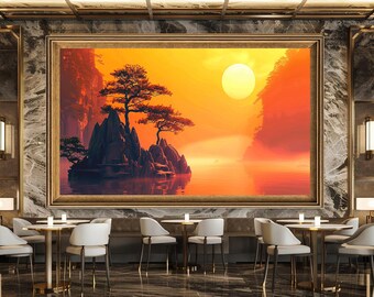 Zen Sunset Landscape Wall Art Canvas Print Tranquil Nature Scene with Pine Trees and Lake Asian Style Meditation Room Decor