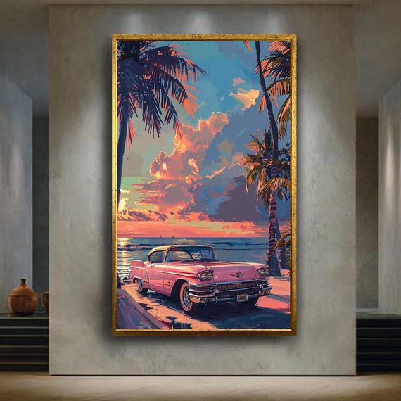Pink Cadillac Beach Sunset Canvas Wall Art – Tropical Palm Trees
