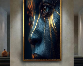 Black and Gold Face Canvas Wall Art – Abstract Close-Up Portrait with Metallic Lines – Modern Luxury Print for Elegant Home Decor
