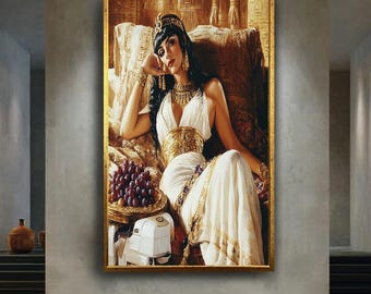 Luxury Egyptian Queen Canvas Wall Art – Powerful Woman in Ancient Royal Dress with Gold Accents –Elegant Historical Print for Feminine Decor