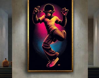 Neon Monkey Character Canvas Wall Art – Cool Anthropomorphic Ape in Dynamic Pose with Retro 80s Synthwave Lighting