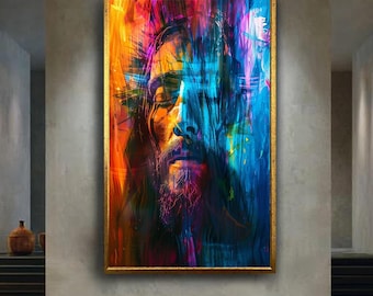 Colorful Abstract Jesus Canvas Wall Art with Vibrant Paint Strokes, Modern Christian Religious Artwork for Inspirational Home Decor