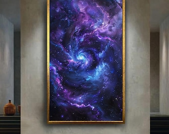 Purple and Blue Spiral Galaxy Canvas Wall Art with Stars and Nebula, Abstract Cosmic Space Painting for Modern Home Decoration