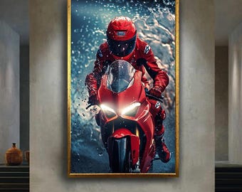 Red Sport Motorcycle Canvas Wall Art – High Speed Rider in Rain with Racing Gear and Water Splash Action Scene