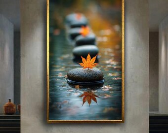 Zen Garden Canvas Wall Art with Autumn Maple Leaf and River Stones – Tranquil Nature Print for Home or Meditation Room Decor