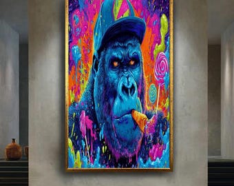 Neon Gorilla Pop Art Poster, Psychedelic Candy Ape Wall Print, Urban Streetwear Animal Art, Colorful Canvas Art Decor