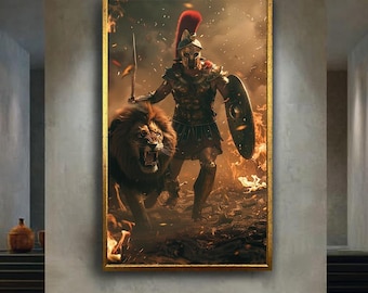 Roman Gladiator with Lion Canvas Wall Art – Epic Ancient Warrior Battle Scene, Mythical Hero Animal Print for Bold Historic Home Decor