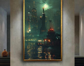 Statue of Liberty Night City Canvas Wall Art, Urban Skyline Artwork for Home Decor, New York Gift for Cityscape and Travel Lovers