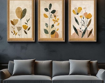 Minimalist Floral Canvas Wall Art Set of 3, Modern Boho Botanical Prints in Warm Earth Tones, Abstract Mid Century Style Home Decor