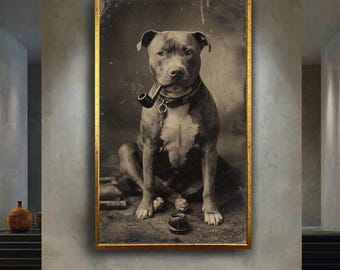 Vintage Dog Smoking Pipe Wall Art, Funny Pitbull Portrait Retro Style Print for Pet Lovers and Rustic Home Decor