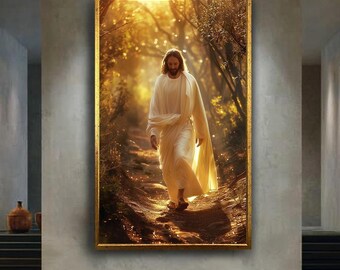Inspirational Jesus Christ Walking in Nature Canvas Wall Art with Golden Light, Christian Religious Artwork for Faith and Home Decor