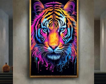 Neon Tiger Wall Art Print | Vibrant Colorful Jungle Animal Canvas | Psychedelic Pop Art Style Wildlife Poster for Bold Decor