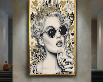 Glamorous Queen Pop Art Poster, Retro Diva Wall Art Print with Gold Crown and Sunglasses, Elegant Vintage Lady Decor