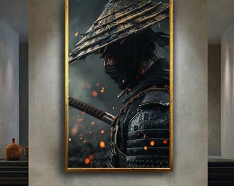 Samurai Warrior Canvas Wall Art – Japanese Ronin with Straw Hat and Katana, Feudal Japan Bushido Print for Martial Arts Home Decor