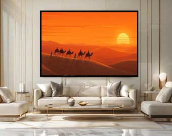 Desert Sunset Camel Caravan Canvas Wall Art Print Warm Toned Sand Dunes Painting Oriental Landscape for Home Office Decor