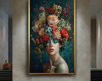 Elegant Floral Woman Portrait Canvas Wall Art, Botanical Headpiece Artwork for Home Decor, Romantic Bohemian Gift for Art Lovers
