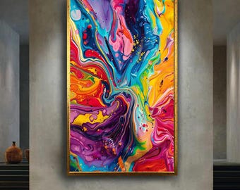 Colorful Abstract Canvas Wall Art with Vibrant Rainbow Fluid Painting, Modern Contemporary Acrylic Pour Artwork for Home Decoration